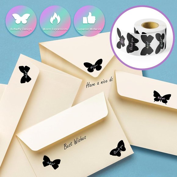 50 THANK YOU Stickers Black Holographic Butterfly 6 Designs Rainbow Foi… - Picture 5 of 7